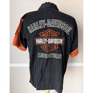 Harley Davidson Short Sleeve Button Up Shirt Sz L Patches Embroidered Logo